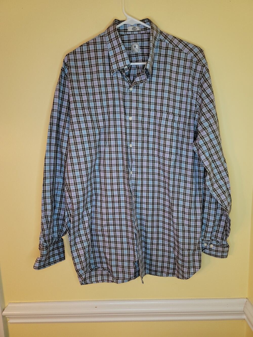 Peter Millar Men's Large Blue 100% Cotton Button Down Plaid Print Shirt